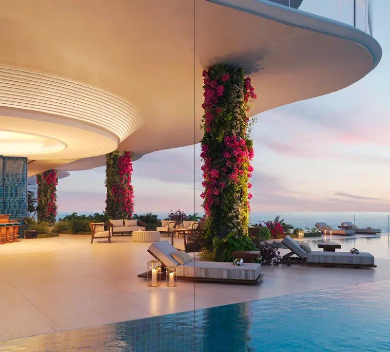 Pool terrace with garden columns