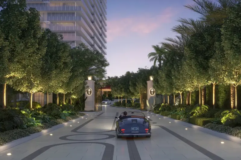 Gated, tree-lined entrance drive